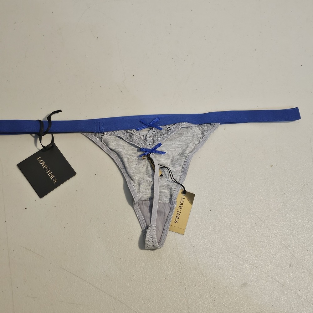Love Haus By Beach Bunny Heather Grey Blue Lace Trim Thong Panty XL SR2019 - Picture 3 of 4